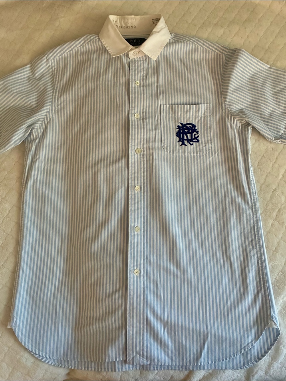 Ralph Lauren Light Blue and White Stripe Button-Down Shirt with Contrast Collar - Picture 2 of 5